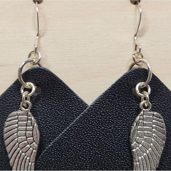 Handmade leather earrings w angel wings sterling silver earwires genuine leather - Picture 3 of 5